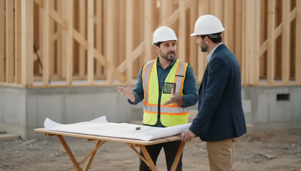 Image of construction worker discussing plans with investor